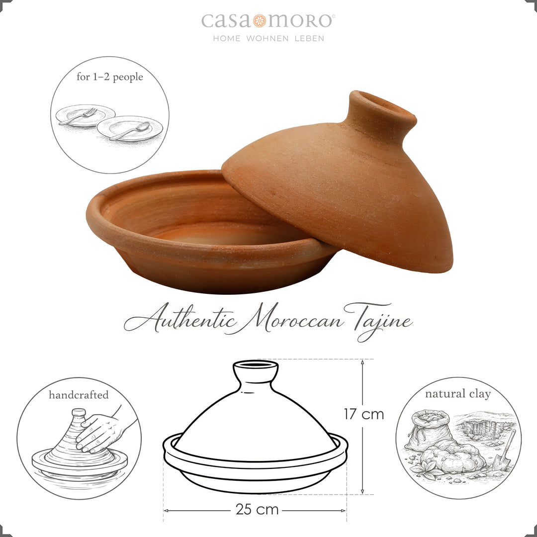 Tagine 25 cm aus Natur Ton und Lehmerde, marokkanischer Schmortopf für 1–2 Personen