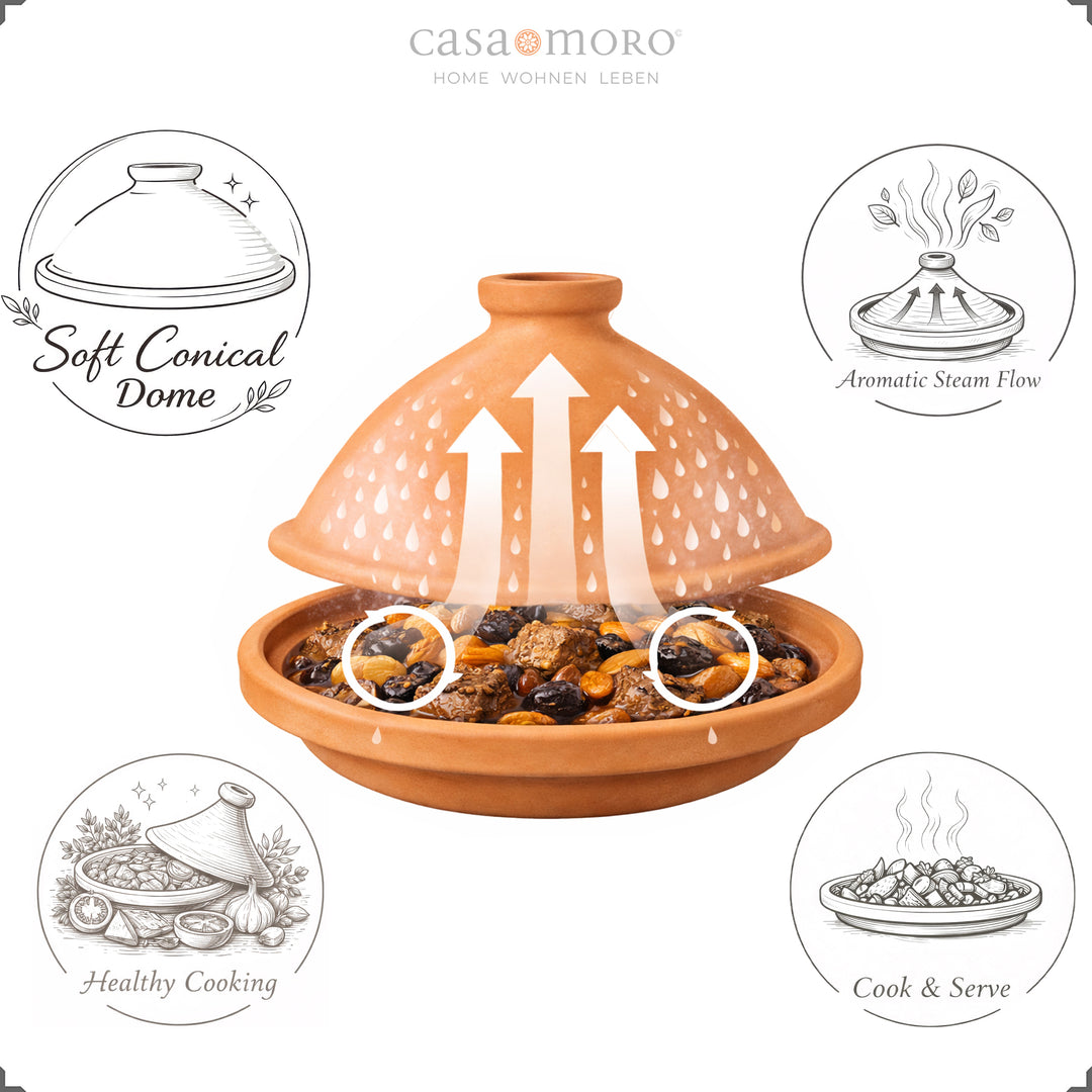 Tagine aus Ton und Lehmerde, unglasiert als Schmortopf für lamm oder vegetarisch Rezepte