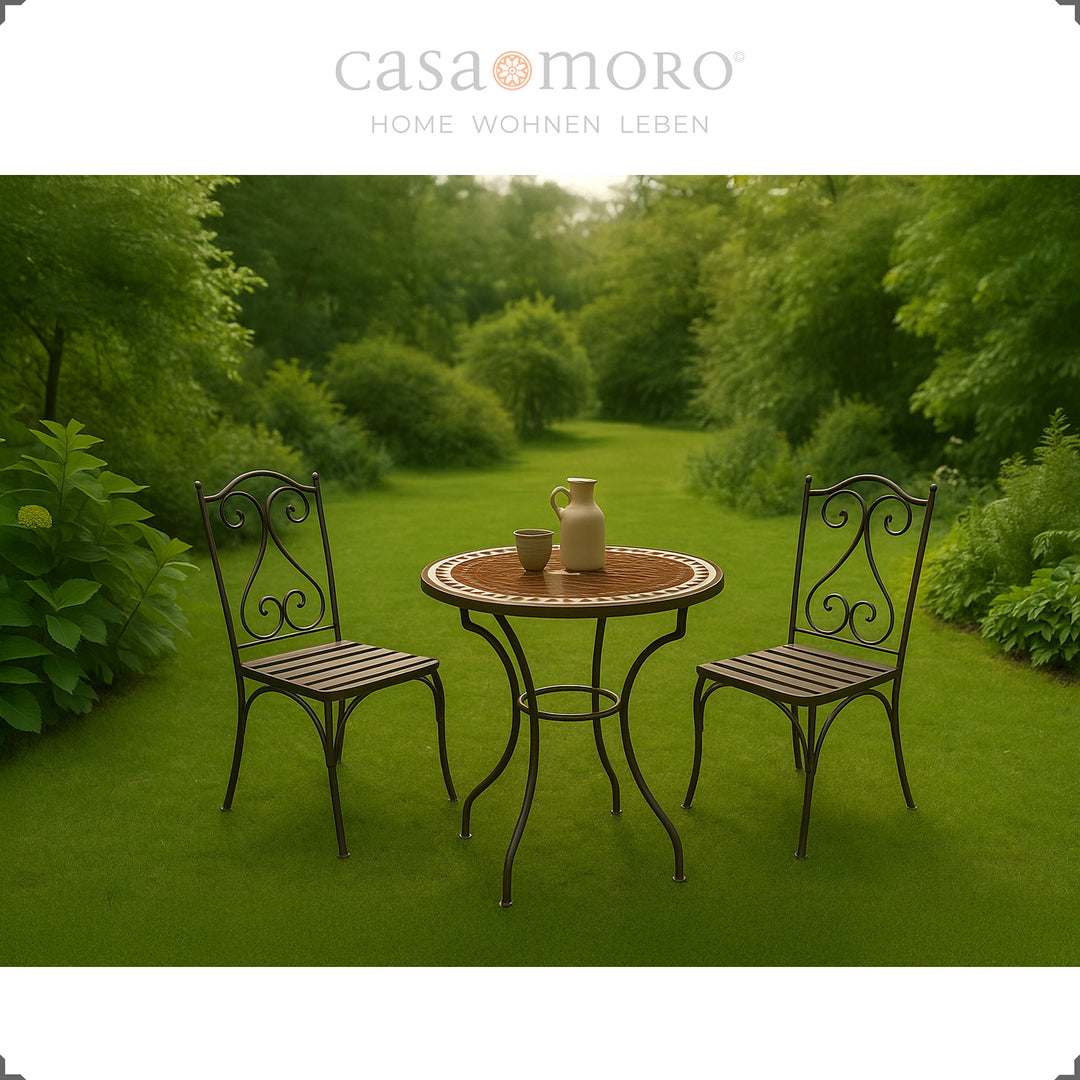 Runder Zellige-Tisch mit geschwungenem Gestell, Mosaik in Bordeaux-Weiß