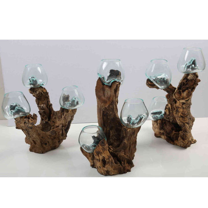 Drei Glasvasen 12 cm auf Wurzelholz