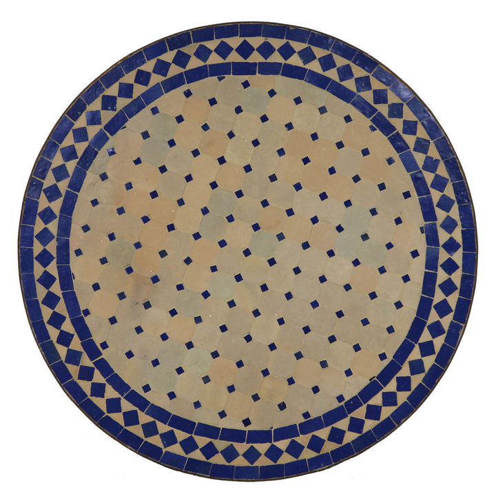 Mosaiktisch Rund 60 cm mit Zellige-Mosaik in Blau-Terracotta, kompakt für Terrasse oder Balkon