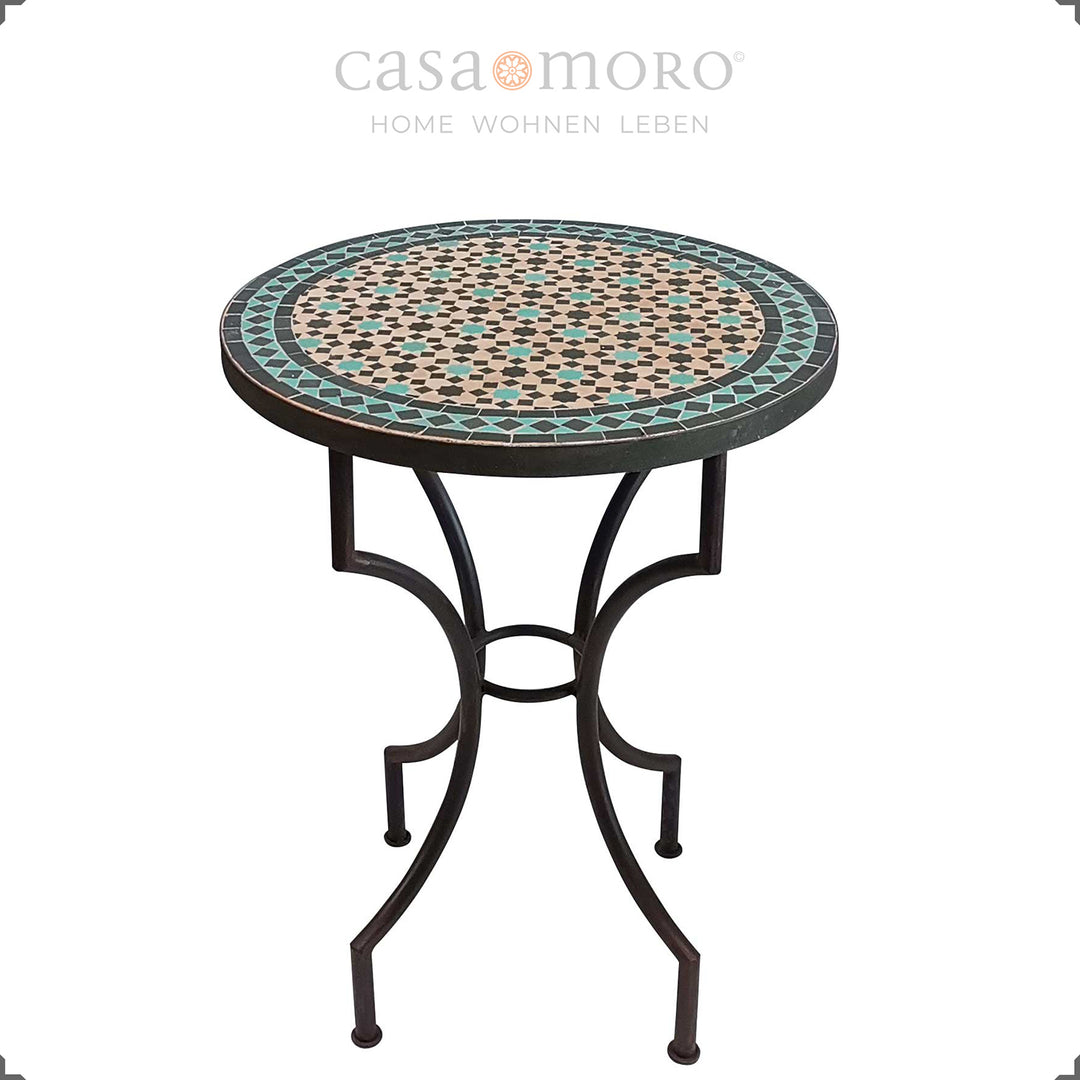 Mosaiktisch rund mit schwarzem und türkisfarbenem Muster – ideal für Terrasse oder Balkon