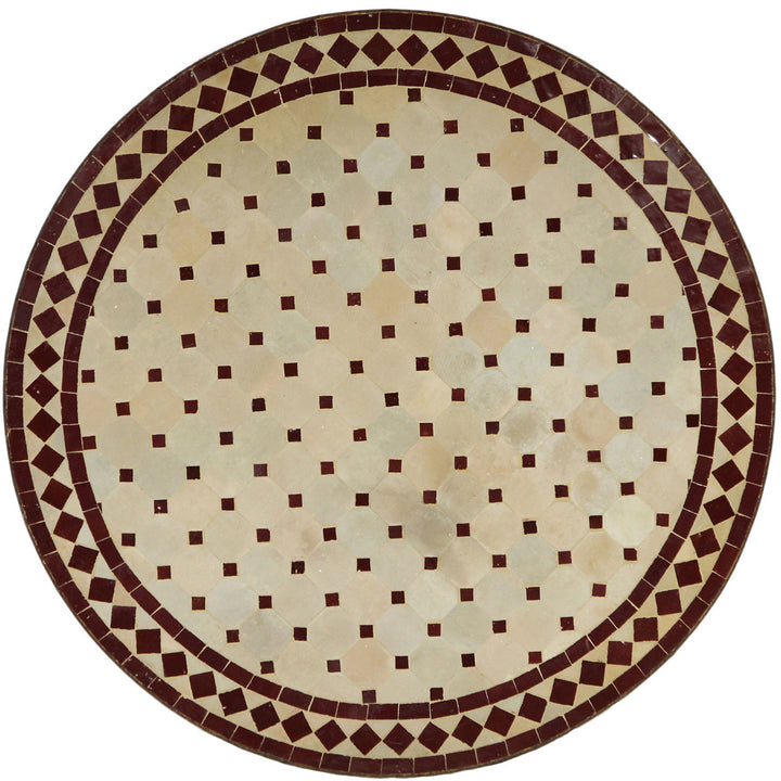 Terrassentisch Rund 100 cm mit Mosaikplatte aus Zellige-Fliesen in Bordeaux und Terracotta
