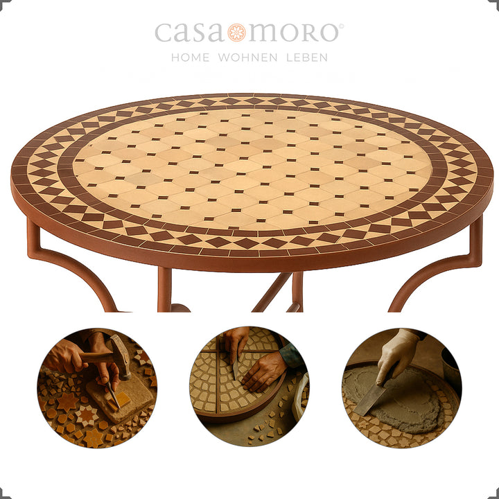 Marokkanisches Mosaik aus glasierten Fliesen – warmes Farbspiel in Terracotta