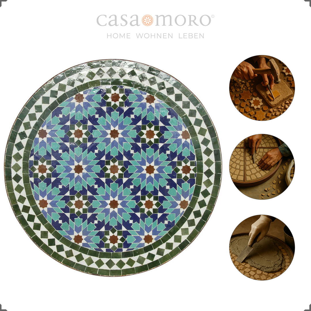 Zellige-Tisch mit ca. 18 kg schwerer Mosaikplatte – dekorativer Kaffeetisch für Garten, Balkon oder Flur