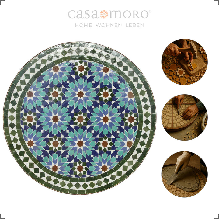 Zellige-Tisch mit ca. 18 kg schwerer Mosaikplatte – dekorativer Kaffeetisch für Garten, Balkon oder Flur