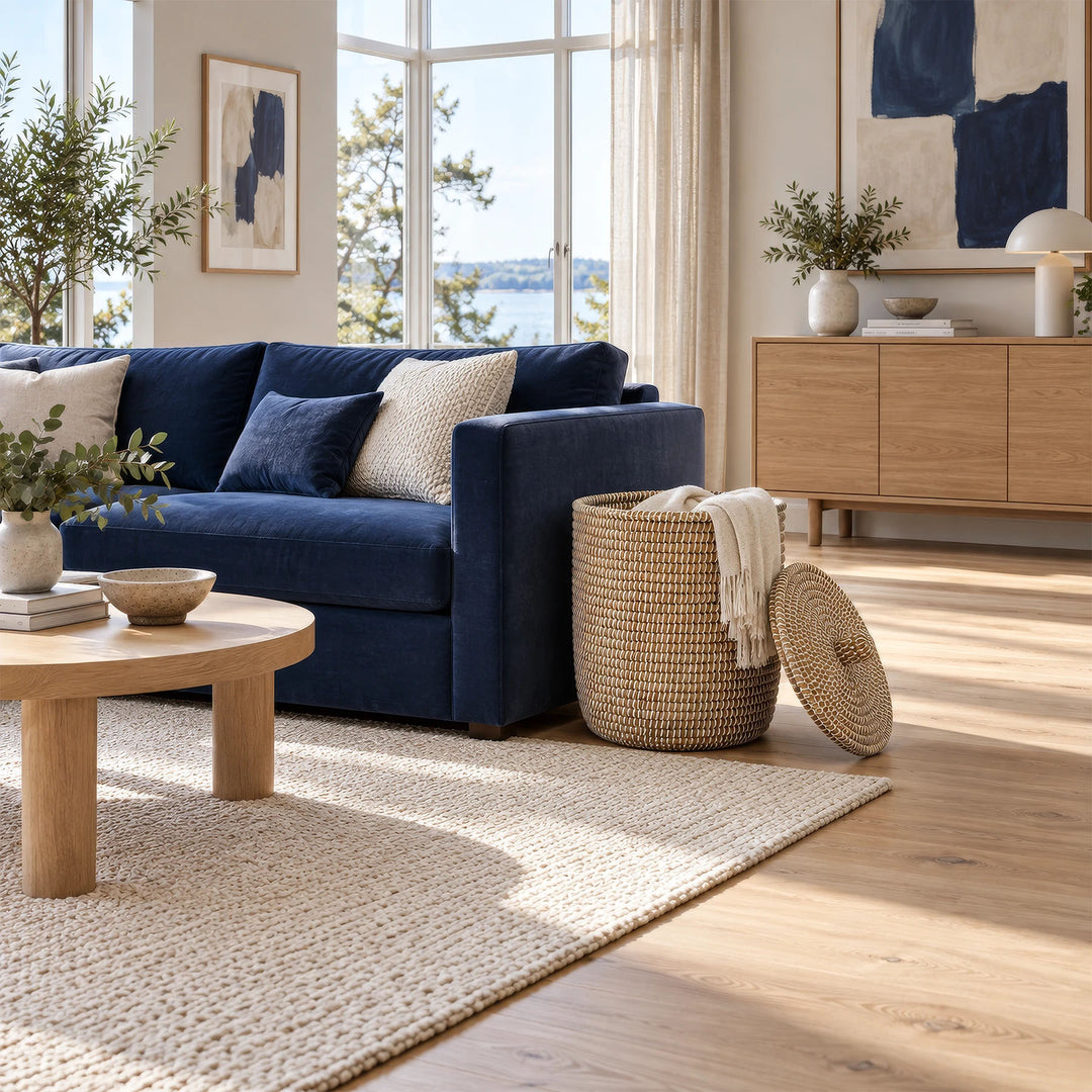 Seegraskorb mit ca. 65 Litern Volumen, heller Decke und angelehntem Deckel neben einem blauen Sofa.