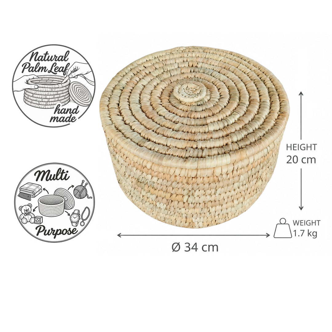 Aufbewahrungskorb mit Deckel aus Palmblatt, Größe L: Ø 34 cm, 20 cm Höhe, 15 Liter Volumen und 1,7 kg Gewicht.