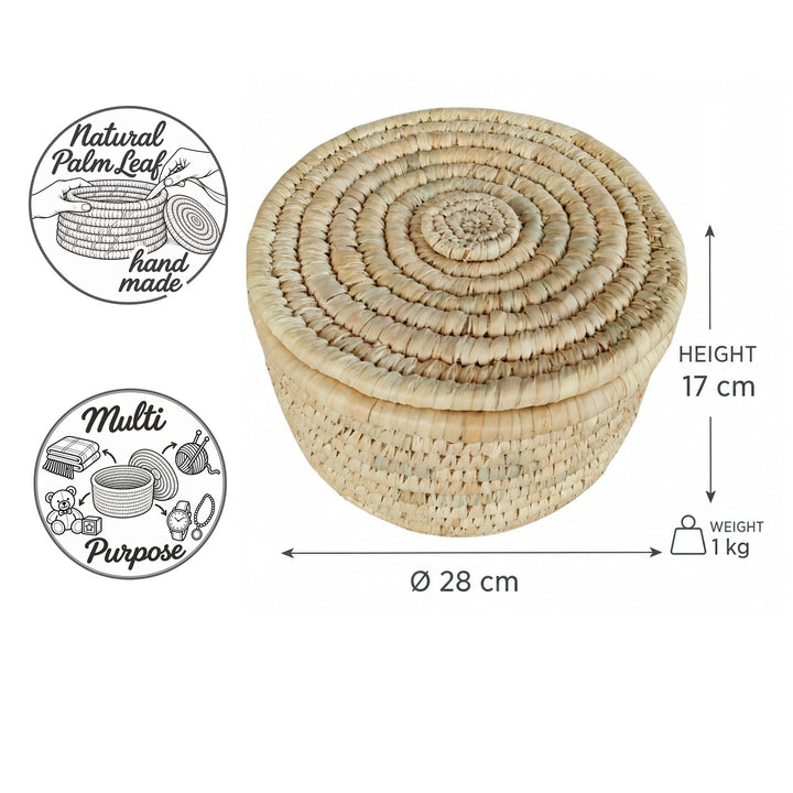 Handgeflochtener Aufbewahrungskorb mit Deckel aus Palmblatt, Größe M: Ø 28 cm, 17 cm Höhe und 1 kg Gewicht.