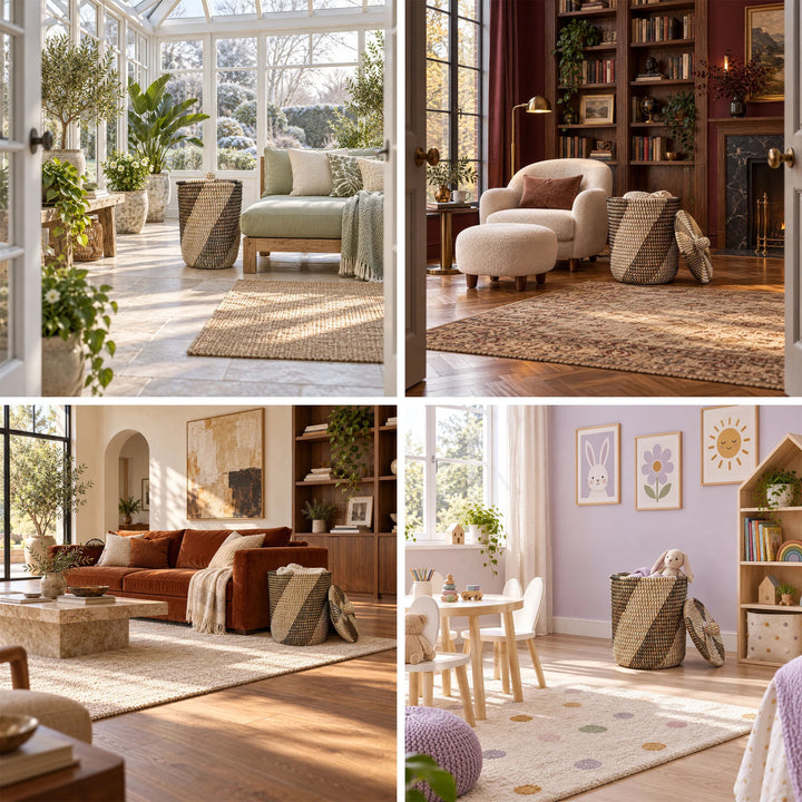Collage: Seegraskorb mit ca. 40 Litern Volumen im Wintergarten, in der Leseecke, im Wohnzimmer und Kinderzimmer.