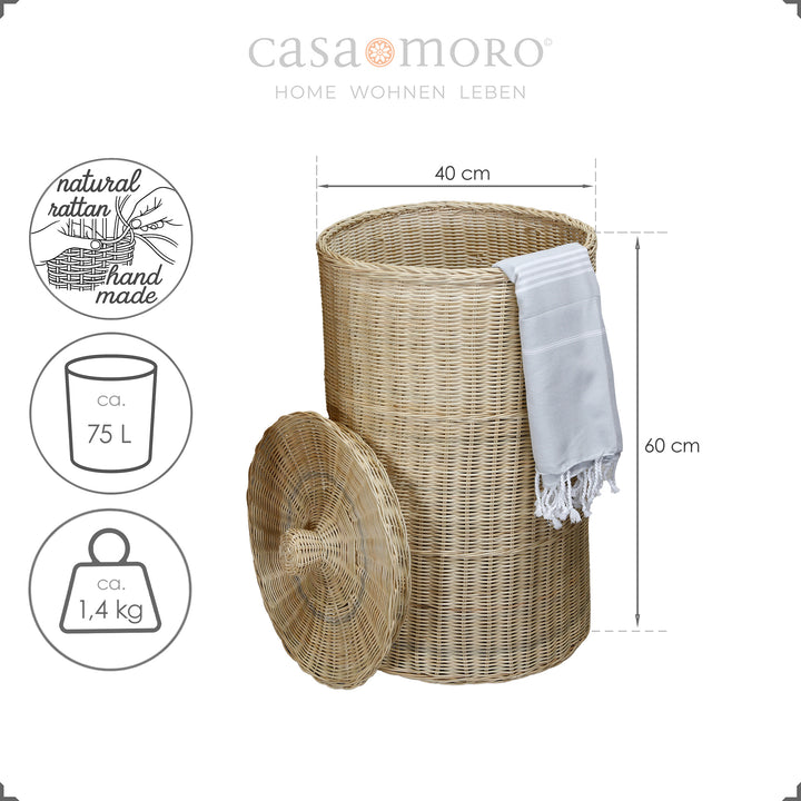Hohes Rattankorb-Modell mit Deckel und Hamamtuch, als Aufbewahrung oder Wäschekorb nutzbar