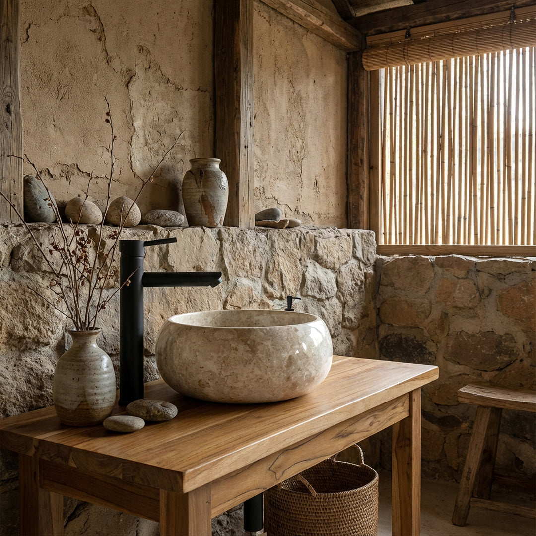 Rundes Aufsatzwaschbecken aus hellem Marmor auf Holzwaschtisch mit schwarzer Armatur im ruhigen Naturbadambiente