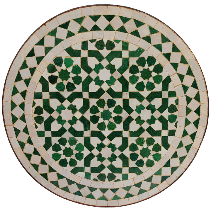 Balkontisch Klein Rund 45 cm mit grün-weißem Zellige-Mosaik und orientalischem Muster