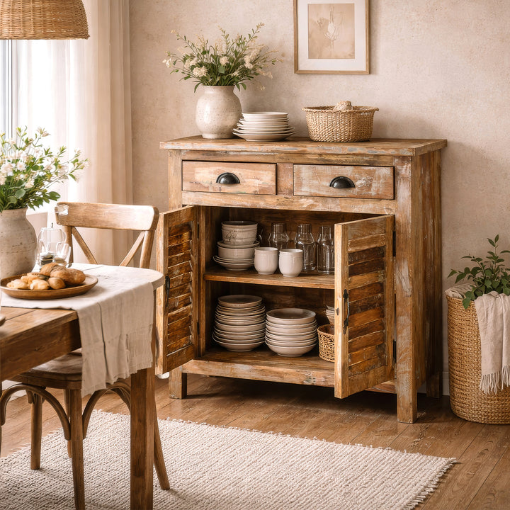 Highboard aus massivem Holz im Esszimmer mit geöffneten Türen, Geschirr im Innenraum, warme Wohnszene