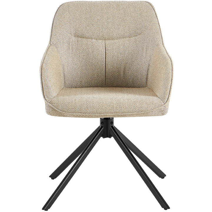 Vorderansicht eines 360° drehbaren Polsterstuhls mit Armlehnen in Beige, gepolsterte Sitzschale mit Fischgrätmuster und schwarzem Metallgestell