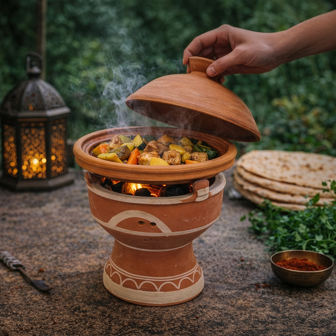 Tajine auf mejmar Stövchen aus Ton für Holzkohle, marokkanischer Tischgrill mit offener Glut für Tagine