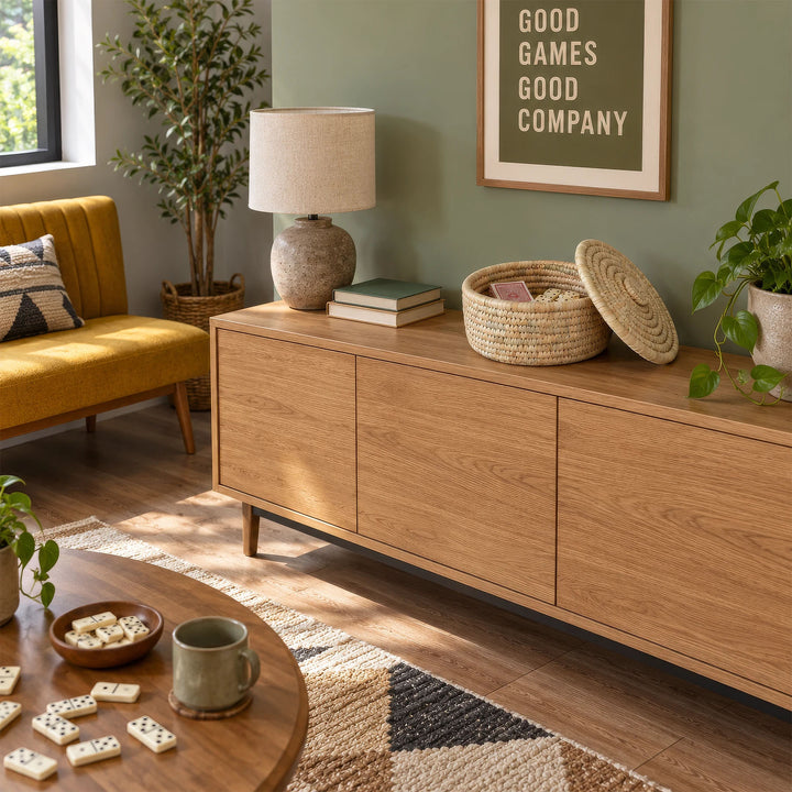 Flechtkorb aus Palmblatt, Ø 28 cm, mit Spielkarten, Dominosteinen und angelehntem Deckel auf einem Sideboard.
