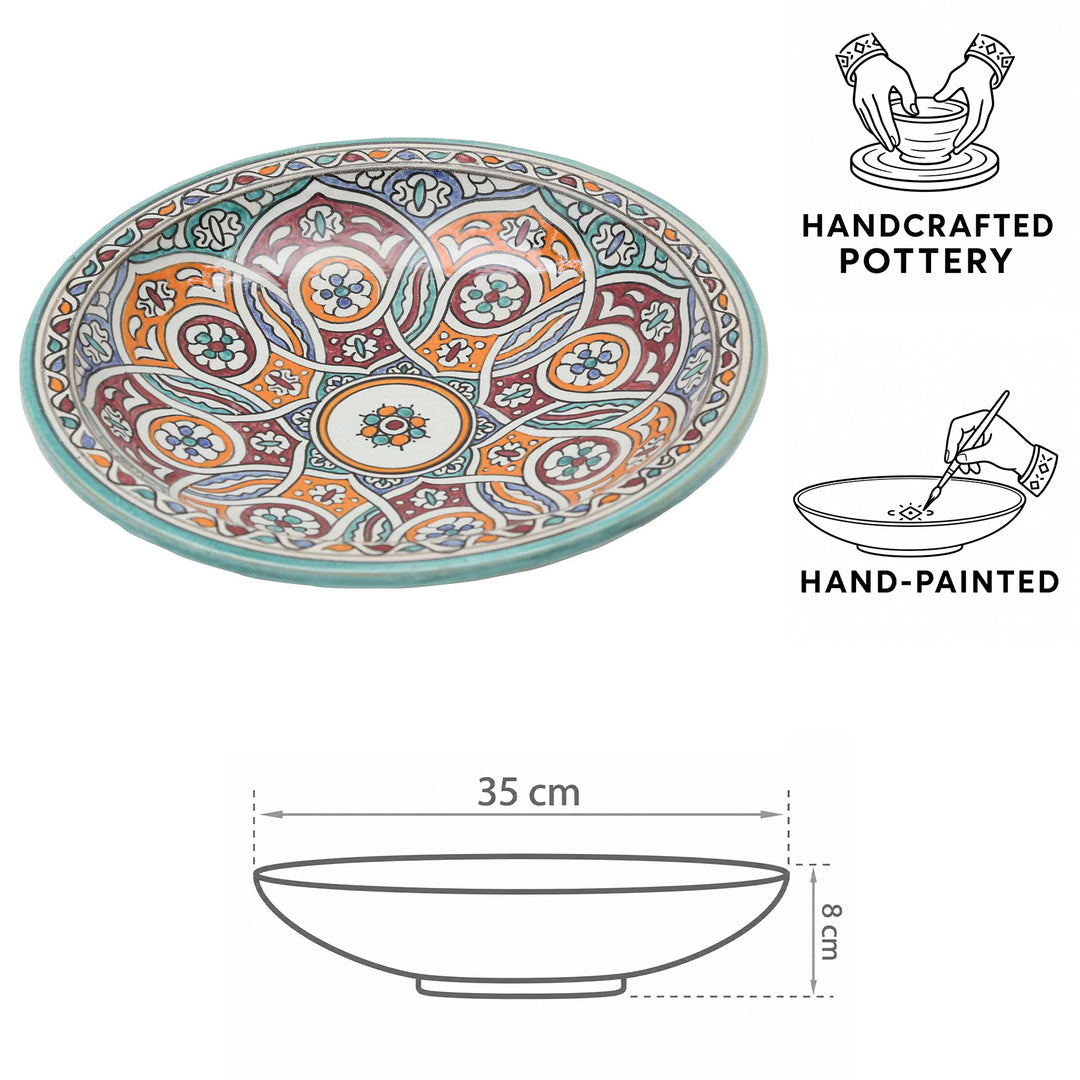 Handbemalte marokkanische Keramikschale mit Kreisornament in Türkis, Orange und Bordeauxrot, Ø 35 cm und 8 cm hoch
