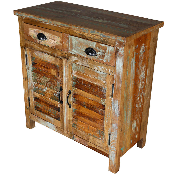 Highboard aus Massivholz mit zwei Türen und Schubladen mit  rustikaler Holzoberfläche