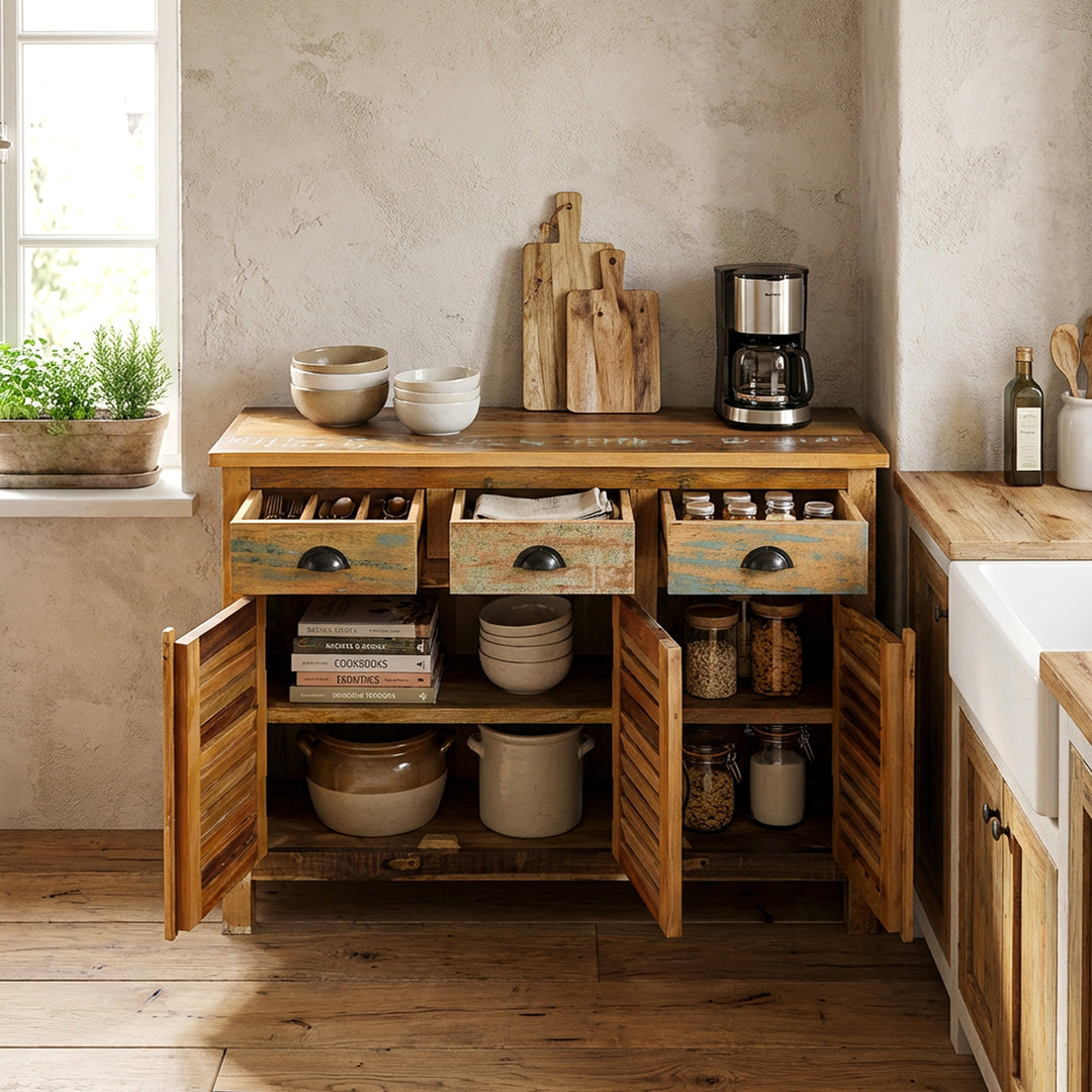 Vintage-Highboard aus massivem Holz und altholz mit Schubladen in der Küche platziert