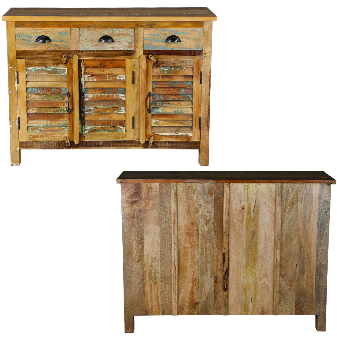 Highboard aus altholz mit Schubladen aus massivem Holz im Vintage-Stil, Front- und Rückansicht