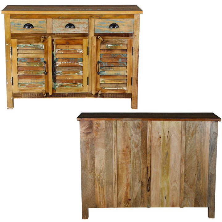 Highboard aus altholz mit Schubladen aus massivem Holz im Vintage-Stil, Front- und Rückansicht