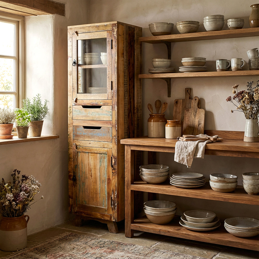 Hochschrank aus massivholz und altholz mit Schublade und Türen im Landhausstil, in der Küche platziert