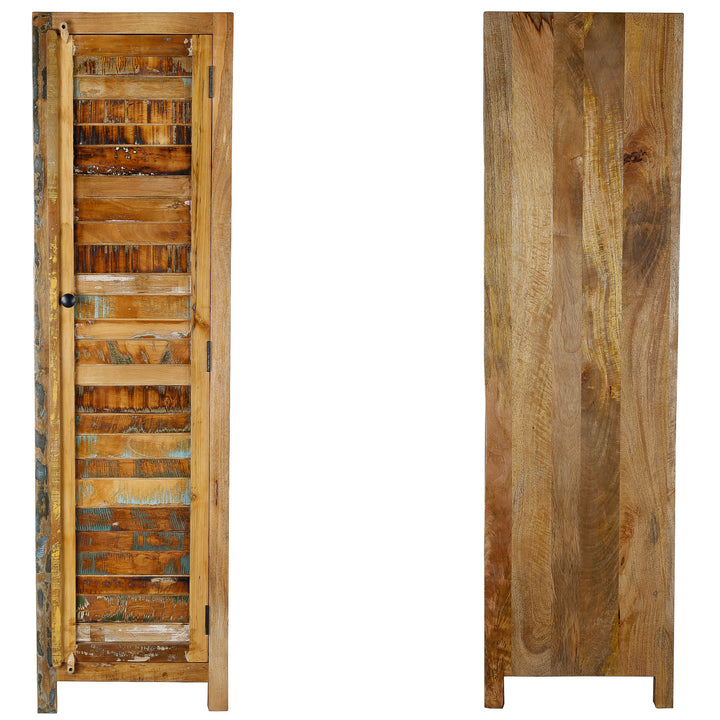 Schmaler Hochschrank aus massivem Holz und Altholz im Vintage-Stil, Front- und Rückansicht gezeigt