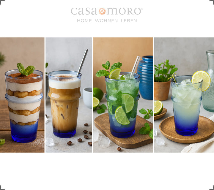 Longdrinkgläser in Blau mit lebendiger Glasstruktur, mundgeblasen im traditionellen Stil