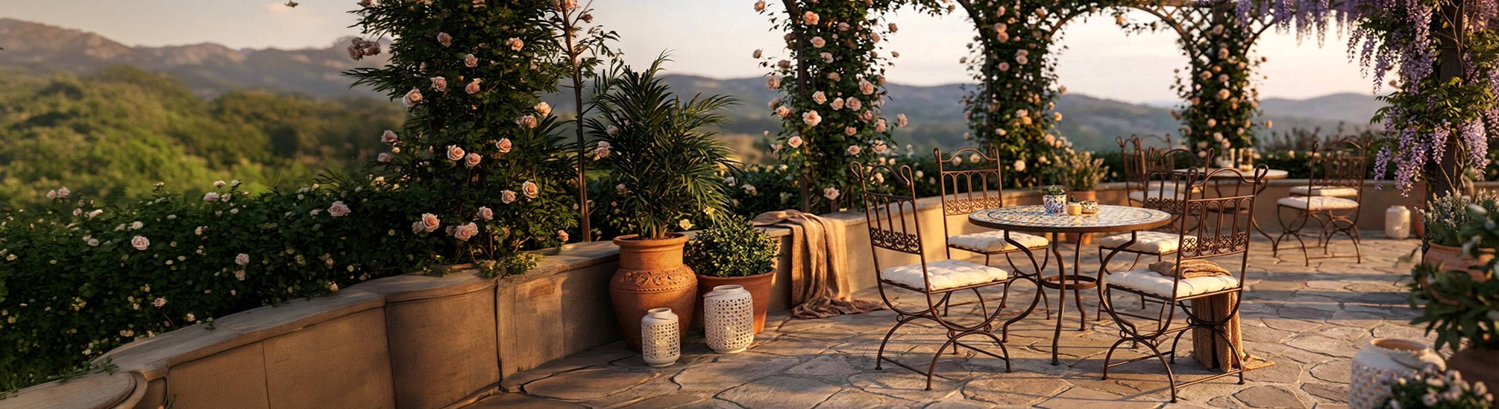 Metallstühle – marokkanische Metallstühle aus Eisen auf Terrasse mit Mosaiktisch im Garten – handgeschmiedete Stühle für Outdoor und Essbereich