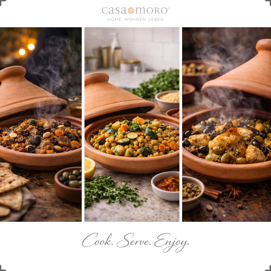 Marokkanische Tagine als Schmortopf aus Ton, ideal für Lamm, Hähnchen oder Fisch mit Gewürz