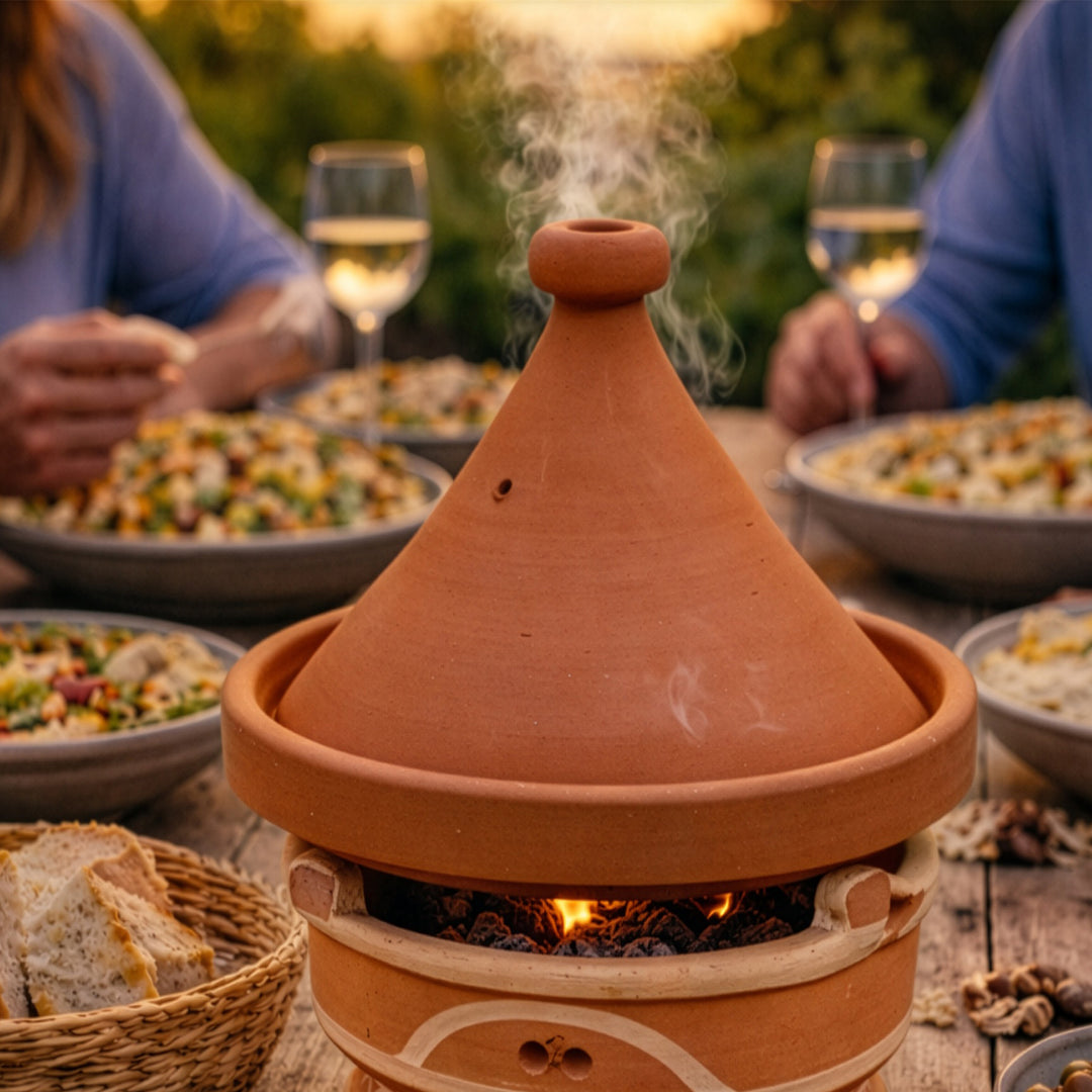 Mejmar Stövchen aus Ton für Holzkohle, marokkanischer Tischgrill mit Tajine und offener Glut beim gemeinsamen Essen