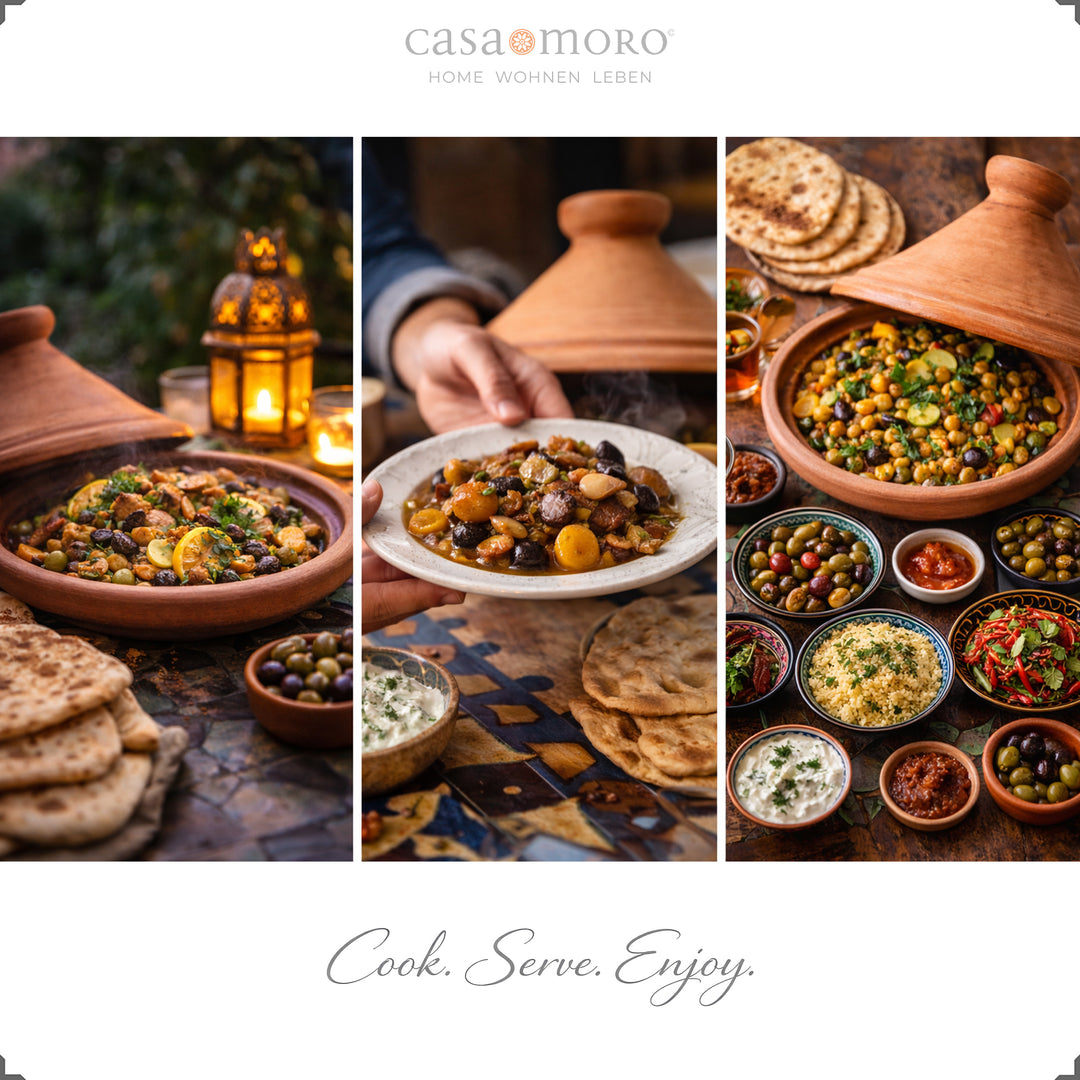 Naturbelassene Tajine aus Marokko 30 cm mit aromatischem Gewürz und vegetarischem Gericht