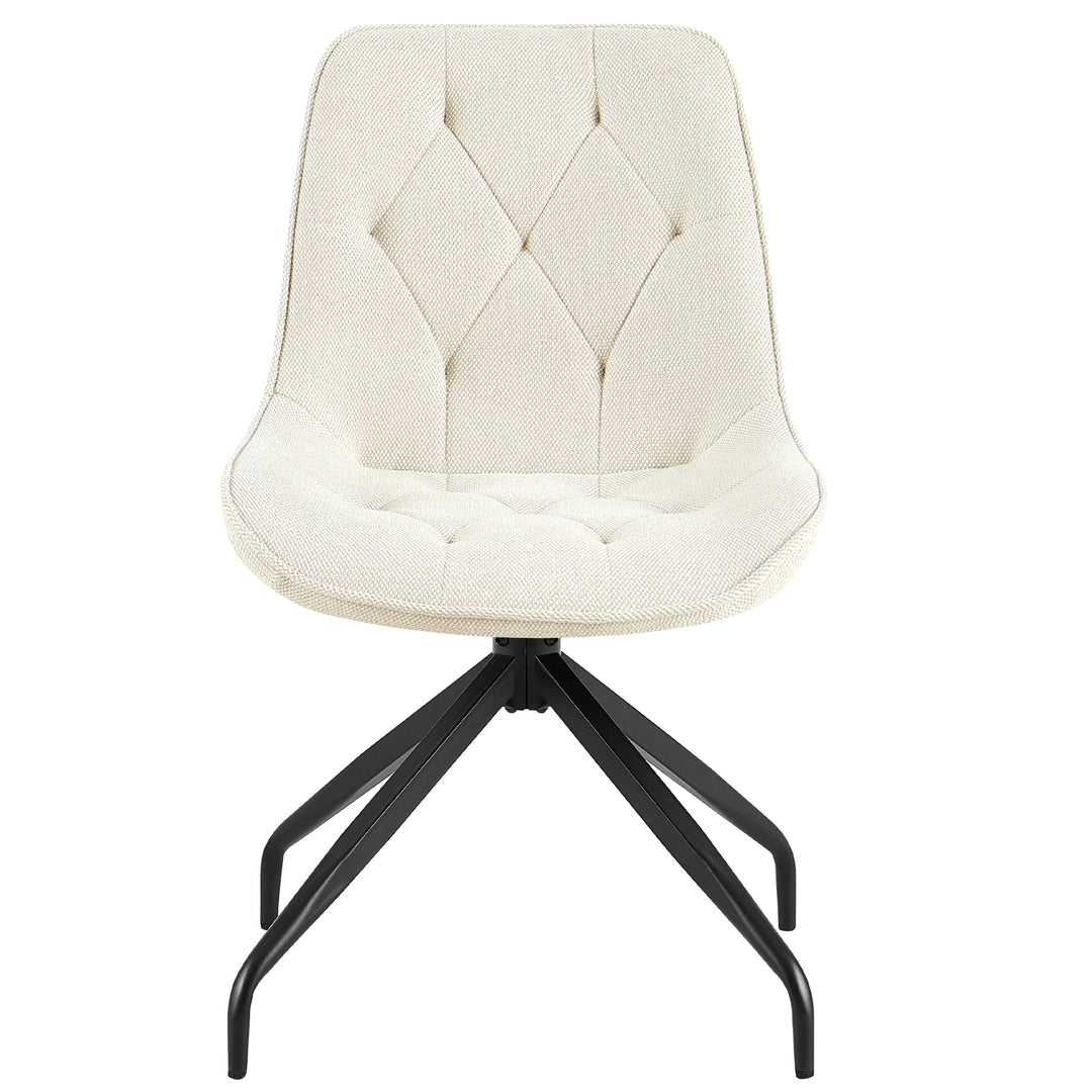 Frontansicht des Polsterstuhls 360° drehbar in Beige mit schwarzem Metallgestell – eleganter Esszimmerstuhl mit Rautensteppung und ergonomischer Sitzform