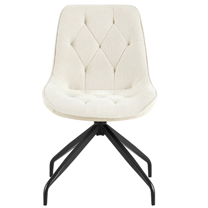 Frontansicht des Polsterstuhls 360° drehbar in Beige mit schwarzem Metallgestell – eleganter Esszimmerstuhl mit Rautensteppung und ergonomischer Sitzform