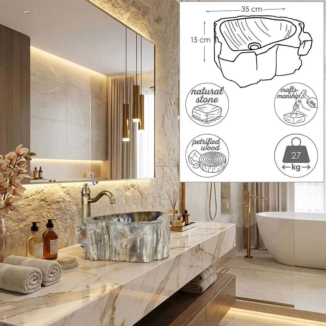 Waschbecken aus Naturstein in elegantem Badezimmer, Aufsatzlösung mit Maßgrafik, Gewichtsangabe und handwerklichen Details.
