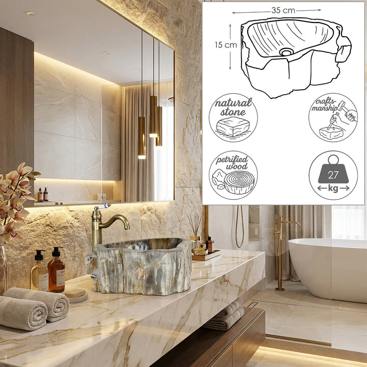 Waschbecken aus Naturstein in elegantem Badezimmer, Aufsatzlösung mit Maßgrafik, Gewichtsangabe und handwerklichen Details.