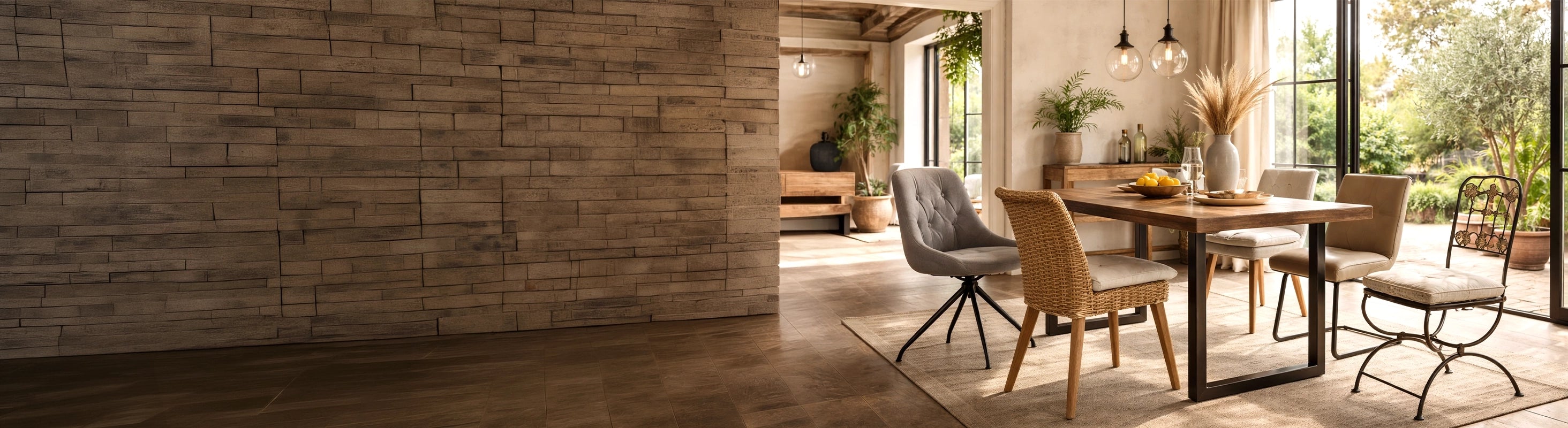 Stühle – verschiedene Stühle aus Metall, Holz, Rattan und Polster am Esstisch im Wohnraum – Kombination aus Esszimmerstühlen für modernes Wohnen