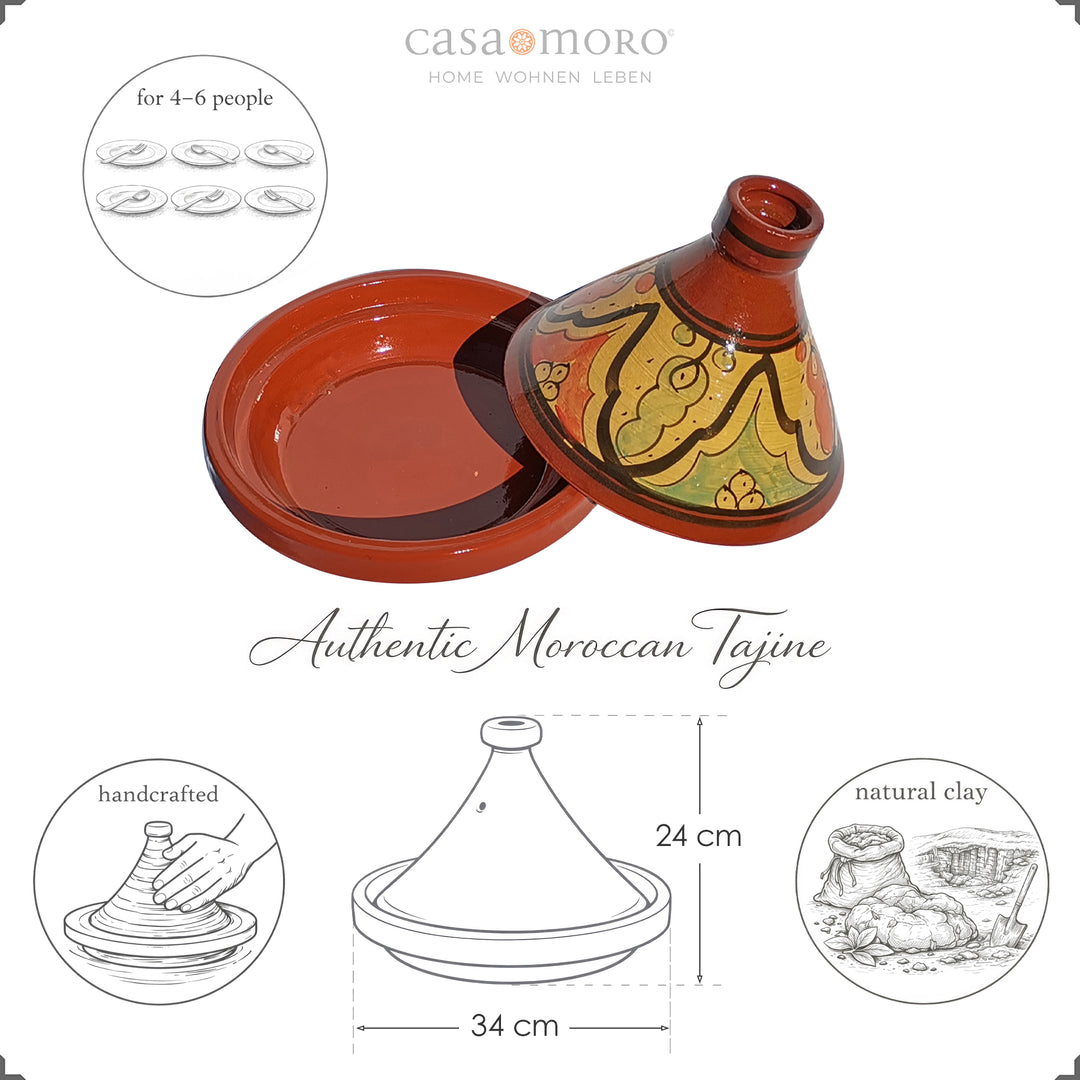 Tajine aus Ton 34 cm für 4–6 Personen, glasiert, marokkanisch bemalter Schmortopf mit Maßangabe 24 cm Höhe