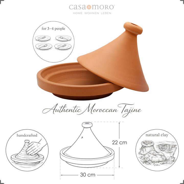 Tajine ohne Glasur 30 cm aus Marokko, für 3–4 Personen, handgefertigt und naturbelassen