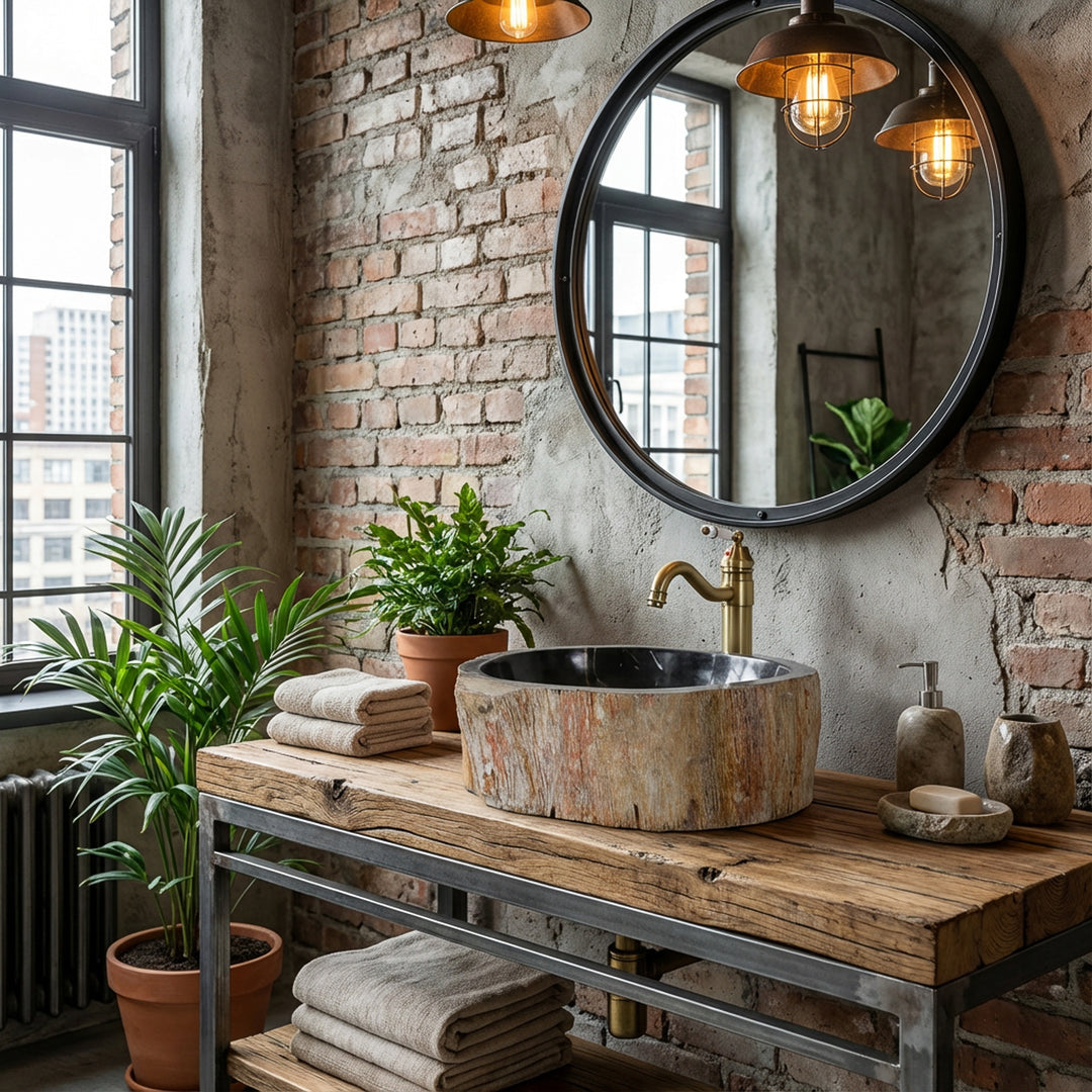 Steinwaschbecken aus versteinertem Holz als Aufsatzwaschbecken, rundes Natursteinbecken auf Holz-Metall-Konsole im Industrial-Bad mit Backsteinwand.