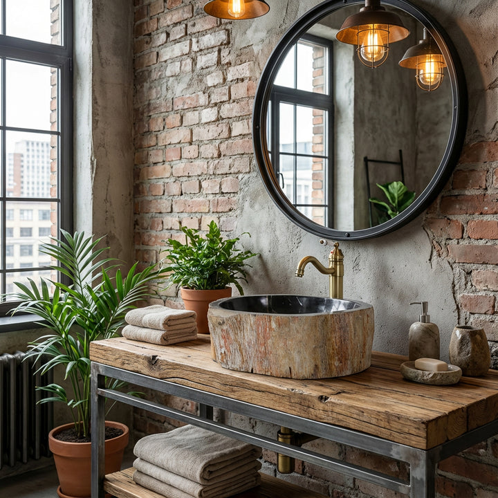 Steinwaschbecken aus versteinertem Holz als Aufsatzwaschbecken, rundes Natursteinbecken auf Holz-Metall-Konsole im Industrial-Bad mit Backsteinwand.