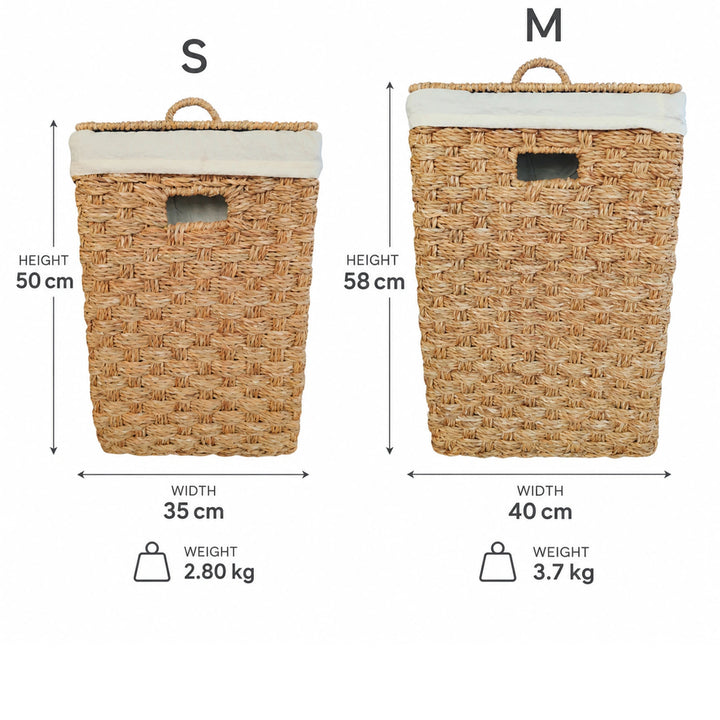 Maße der eckigen Seegraskörbe: S 35 × 35 × 50 cm, 2,8 kg, ca. 55 Liter; M 40 × 40 × 58 cm, 3,7 kg, ca. 85 Liter.