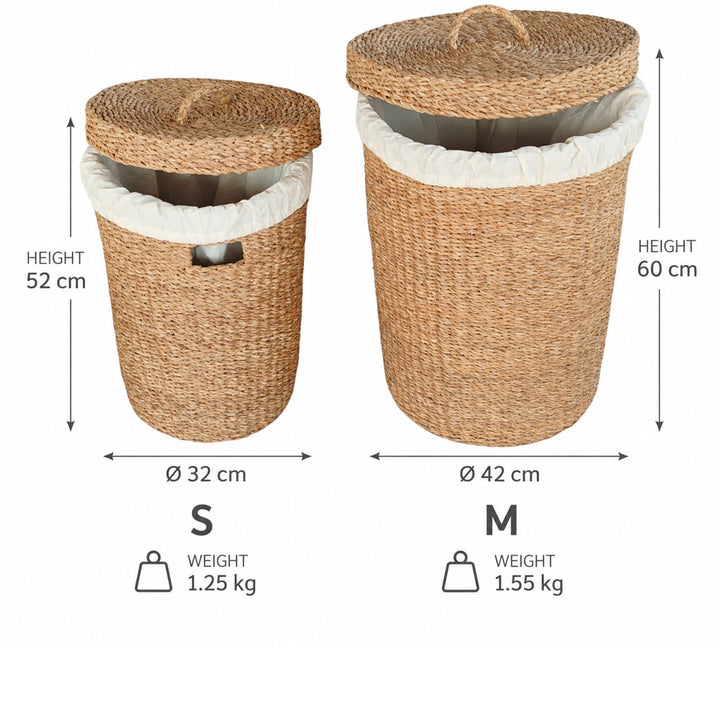 Wäschekorb-Set: S mit 38 Litern, Ø 32 cm, Höhe 52 cm, 1,25 kg; M mit 75 Litern, Ø 42 cm, Höhe 60 cm, 1,55 kg.