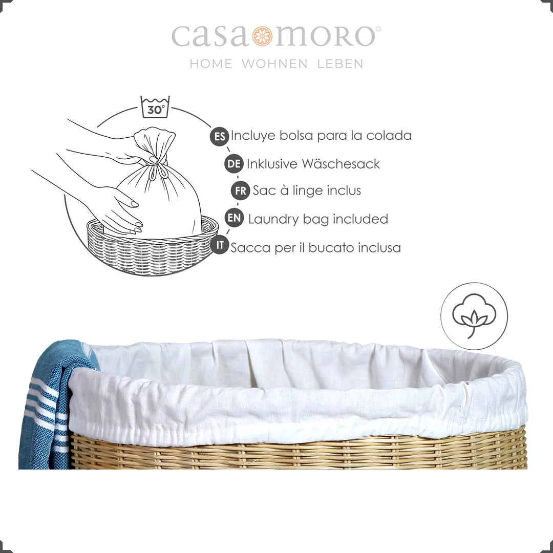 Geflochtener Wäschekorb mit weißem Innenbeutel und blauer Hamamtuch-Deko, inkl. waschbarem Wäschesack