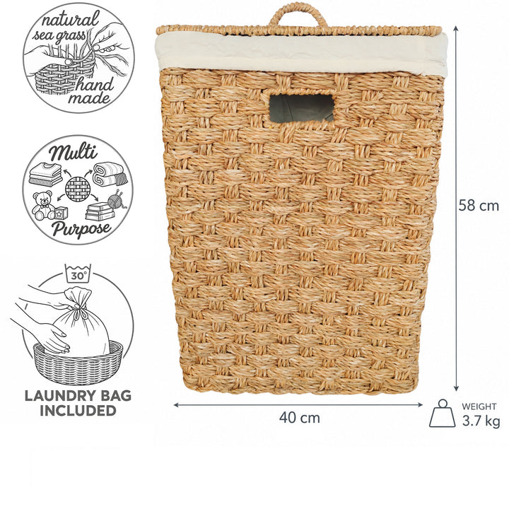 Maße des eckigen Seegras-Wäschekorbs mit Deckel: 40 × 40 cm, Höhe 58 cm, ca. 85 Liter, Gewicht 3,7 kg.