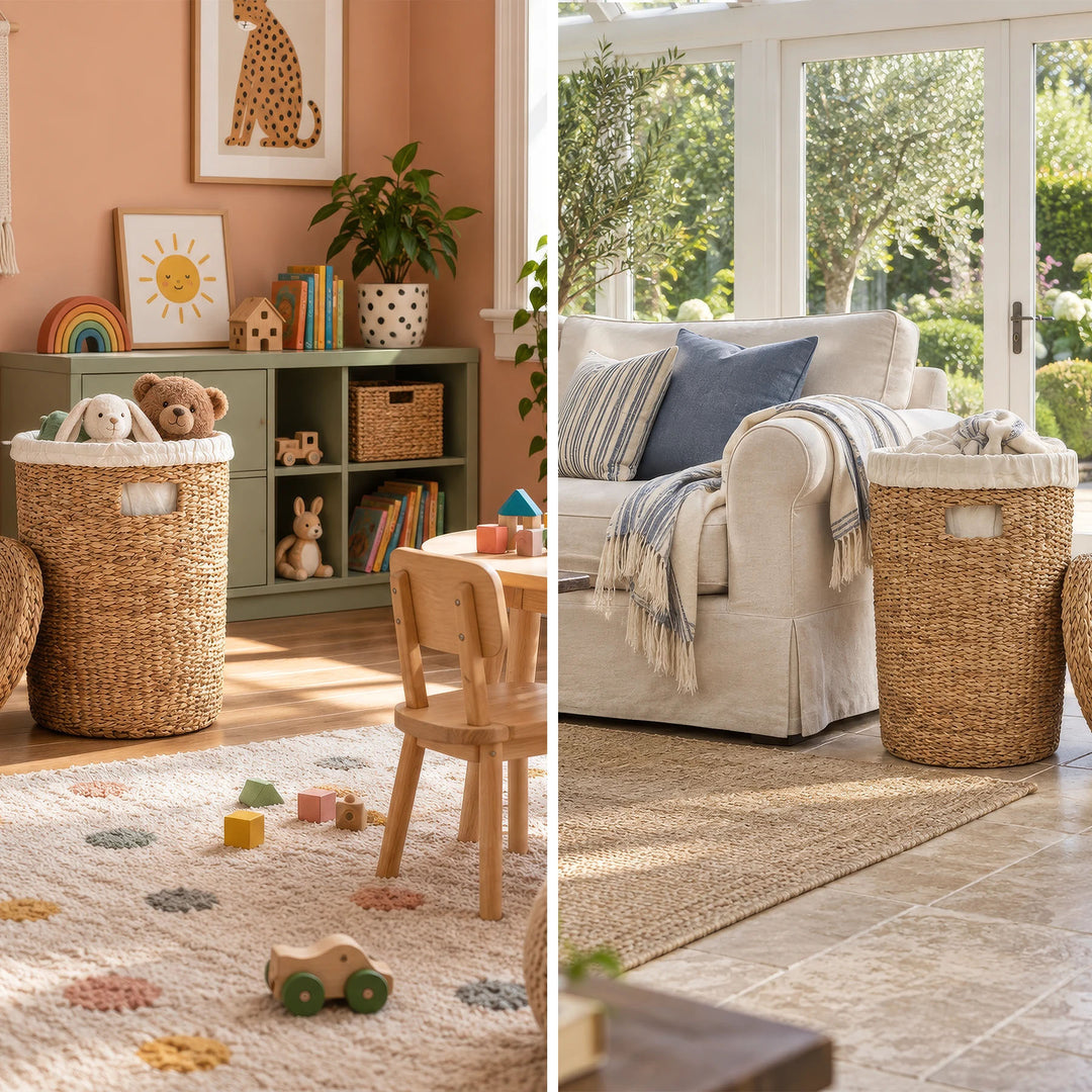 Collage: Geflochtener Wäschekorb mit 38 Litern Volumen für Kuscheltiere im Kinderzimmer und Decken neben einem Sessel.