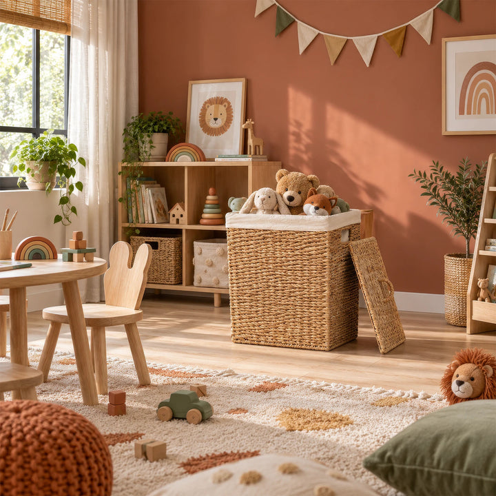 Wäschekorb aus Seegras mit 90 Litern Volumen und angelehntem Deckel, gefüllt mit Kuscheltieren im Kinderzimmer.