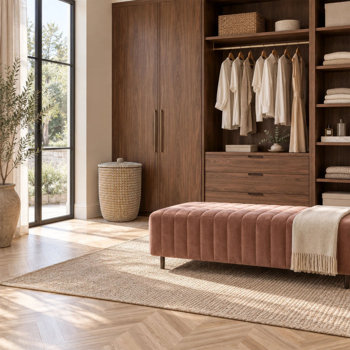 Wäschekorb aus Seegras in Natur/Weiß mit Deckel und ca. 40 Litern Volumen neben einem Holzschrank in der Ankleide.