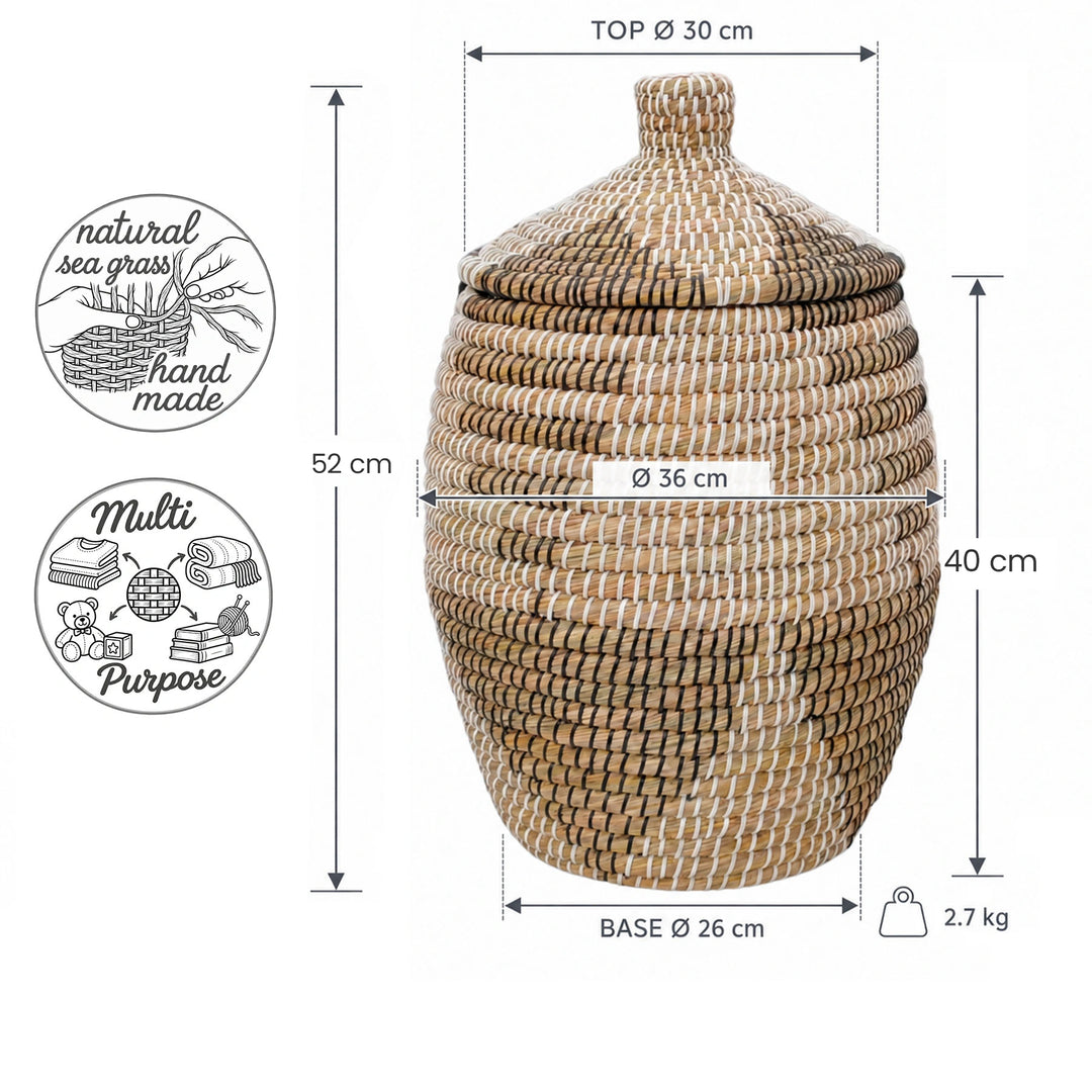 Maßbild: Seegraskorb in Natur/Braun/Schwarz/Weiß, ca. 30 Liter, maximal Ø 36 cm und 52 cm Höhe mit Deckel.